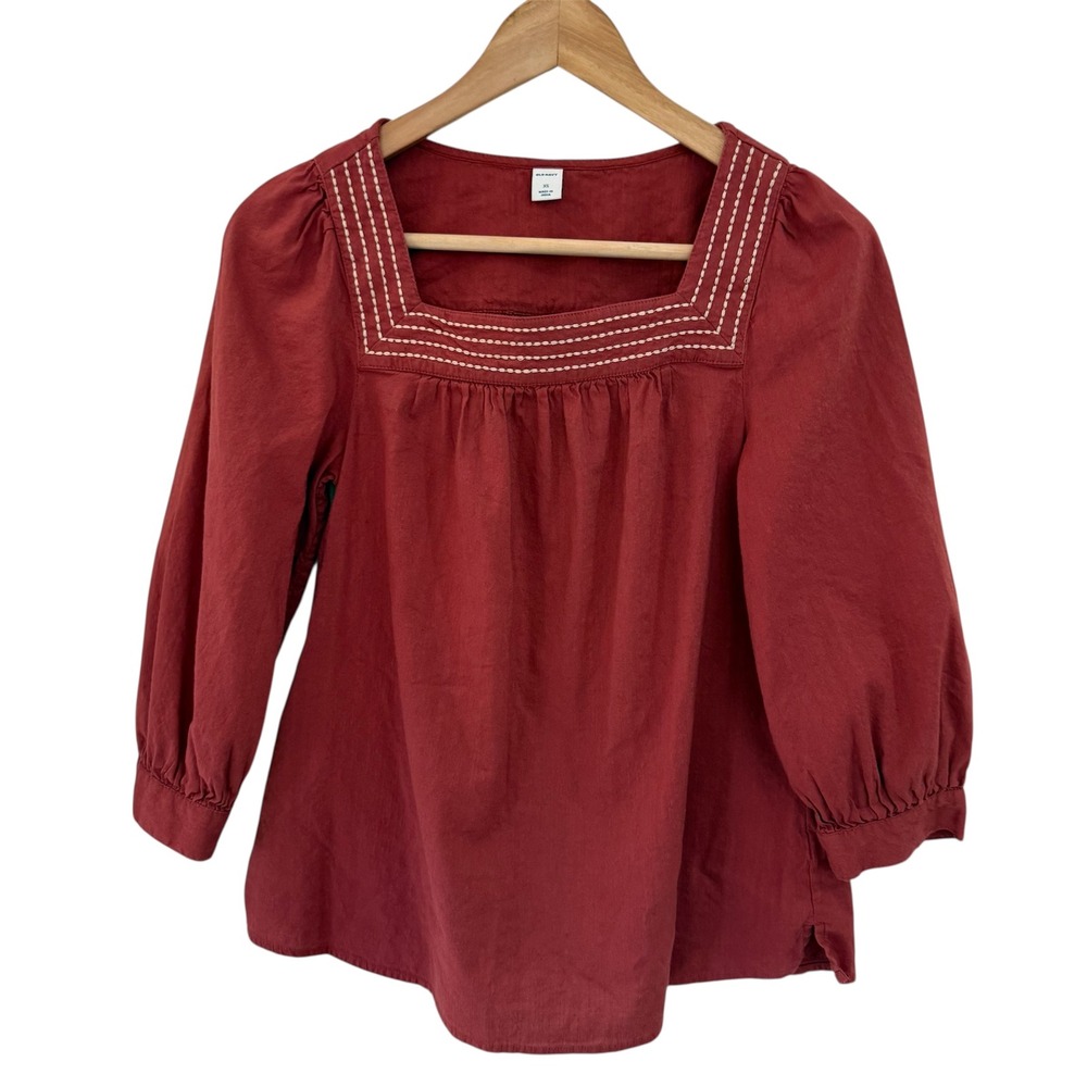 Old Navy Square Neck Embroidered Puff Sleeve Blouse Rust Red XS